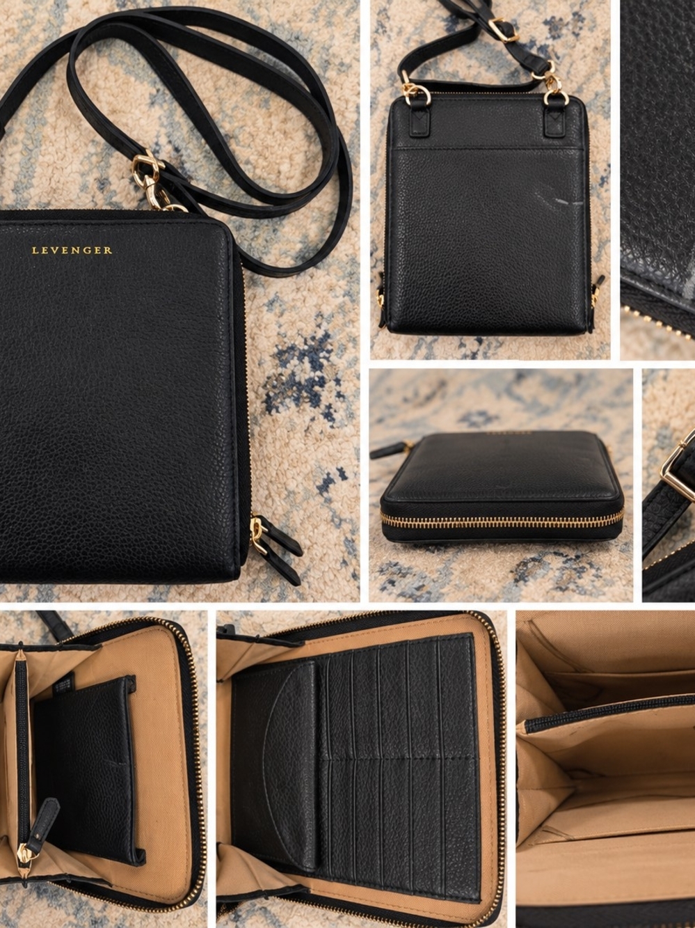 Levenger Carrie Black Pebbled Leather Convertible Crossbody Clutch Wallet